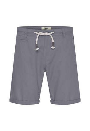 Halli puuvillased lühikesed püksid, millel on rullitud serv, valge ja hall köis väljakuulutamisega taljes ning küljetasku detail.