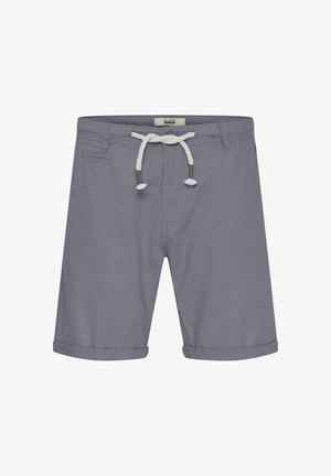 Shorts en coton gris avec un ourlet replié, dotés d'une taille à cordon de serrage en blanc et gris, et d'un détail de poche latérale.