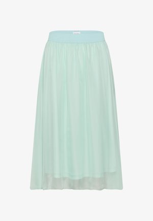 Light mint green, semi-sheer skirt with an elastic waistband. Flowy design, knee-length, and smooth texture.