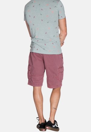 Mężczyzna ubrany w bordowe szorty cargo, jasnoszary t-shirt z małymi czerwonymi i ciemnymi nadrukami graficznymi oraz czarne trampki, stoi tyłem do kamery.