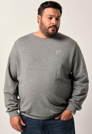 Sudadera gris con mangas largas, cuello redondo y un logo sutil en el pecho. La tela parece suave y ligeramente texturizada.