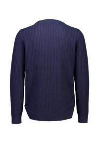 Navyblauer gestrickter Pullover mit einem strukturierten, gerippten Muster. Verfügt über lange Ärmel und einen runden Halsausschnitt. Keine sichtbaren Beschläge oder Akzente.