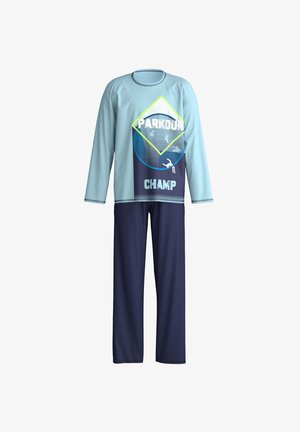 Light blue long-sleeve top with "PARKOUR" and "CHAMP" graphics; paired with navy pants. Smooth fabric, relaxed fit, no visible fasteners.