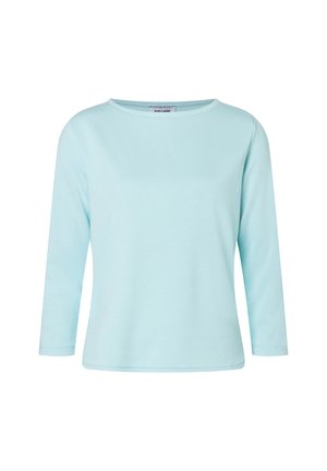 Lichtblauwe langesleeve top van zacht materiaal. Heeft een ronde halslijn en een rechte snit, wat zorgt voor een relaxte pasvorm. Geen zichtbare patronen of accenten.