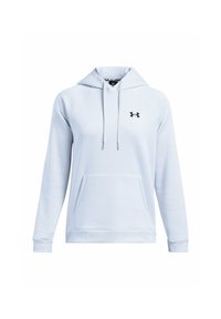 Haut à capuche bleu clair en tissu doux, doté d'une poche kangourou à l'avant, d'une capuche avec cordon de serrage et d'un logo noir sur la poitrine.