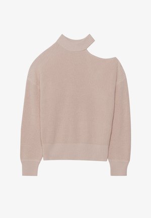 Pull en rose clair avec une texture côtelée, un col haut et une découpe asymétrique à l'épaule. Il présente des poignets ajustés et une coupe décontractée.