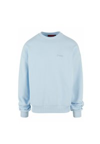 Helles blaues Sweatshirt aus weichem Stoff, mit Rundhalsausschnitt, langen Ärmeln und kleinem Logo-Detail auf der Brust.