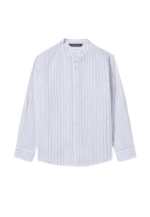 Camicia bianca a maniche lunghe con bottoni, a righe verticali azzurro chiaro e beige e colletto alla coreana.