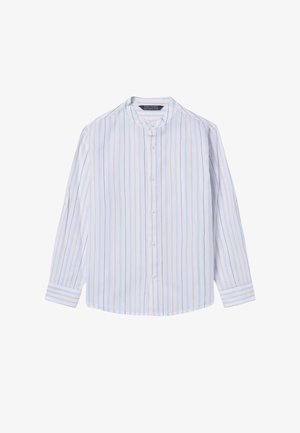 Wit button-down overhemd met lange mouwen, lichtblauwe en beige verticale strepen en een bandkraag.