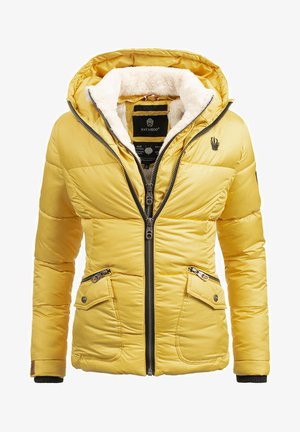 Yellow padded jacket with a faux fur-lined hood, zipper closure, two zippered front pockets, ribbed cuffs, and logo detail on chest.