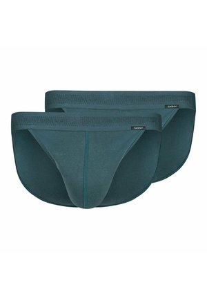 Zwei dunkel türkisfarbene Herren-Slips mit elastischem Bund und kleinen "Skiny"-Markenetiketten auf der oberen linken Seite.