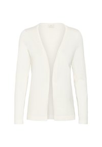 Valkoinen, pitkähihaisella neuleella varustettu kardigaani, joka on valmistettu pehmeästä kankaasta, avoimella edellä ja sileällä pinnalla ilman näkyviä sulkuja.