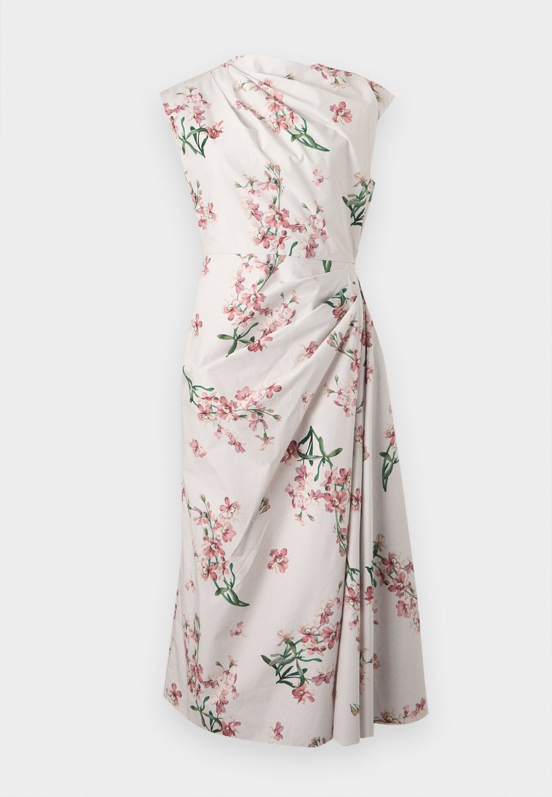 White sleeveless midi dress with pink floral print and gathered draping on one side.