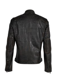 Schwarze Leder-Motorradjacke mit einer figurbetonten Passform, gerippten Schulterakzenten und Ellenbogenpatches mit strukturierter Details.