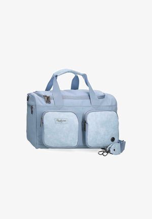 Borsa da viaggio azzurro chiaro con due tasche frontali con cerniera, doppi manici, tracolla staccabile e chiusura superiore con cerniera.