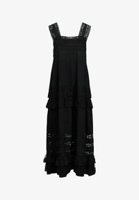 Vestido maxi negro sin mangas con tirantes de encaje, volantes en capas y paneles de encaje en el corpiño y el dobladillo.