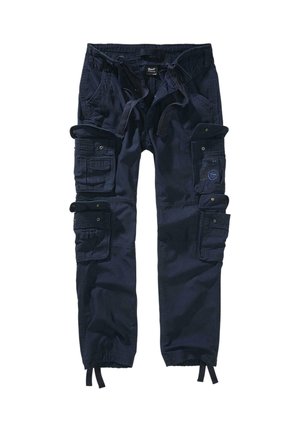 Mörkblå cargo-byxor i tåligt tyg med flera fickor, dragsko i midjan och elastiska mudd vid anklarna.
