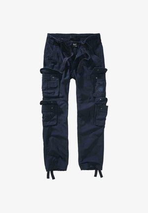 Pantalones cargo de color azul marino oscuro hechos de tela resistente, con múltiples bolsillos, cintura con cordón y puños elásticos en los tobillos.
