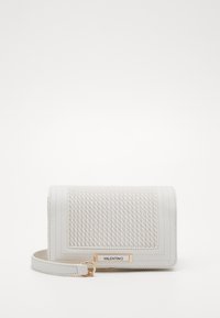 White textured leather crossbody bag with woven pattern, rectangular shape, gold hardware, and brand label. Adjustable strap included.