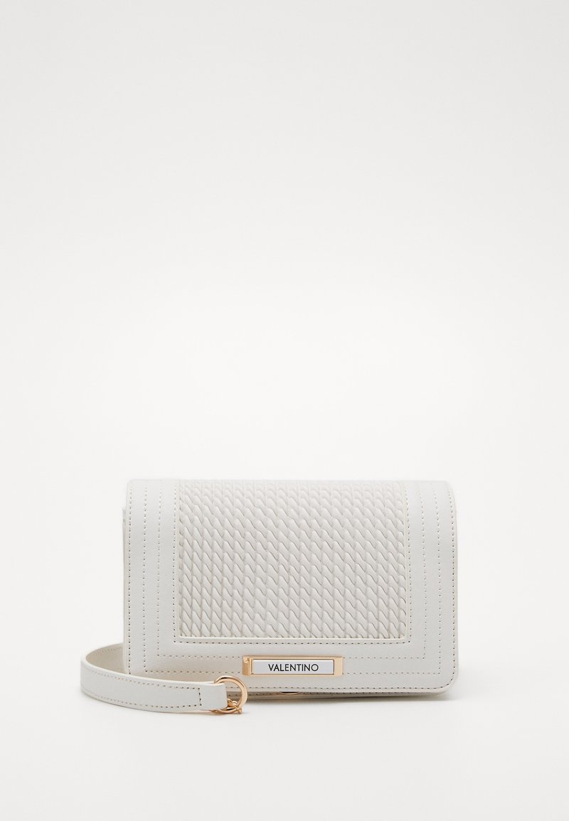 White textured leather crossbody bag with woven pattern, rectangular shape, gold hardware, and brand label. Adjustable strap included.