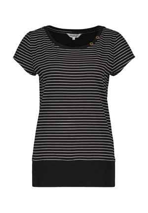 Schwarzes Damen-Shortsleeve-Top mit dünnen weißen horizontalen Streifen, rundem Halsausschnitt, zwei kleinen Knöpfen nahe am Kragen und einem einfarbigen schwarzen Saumband.