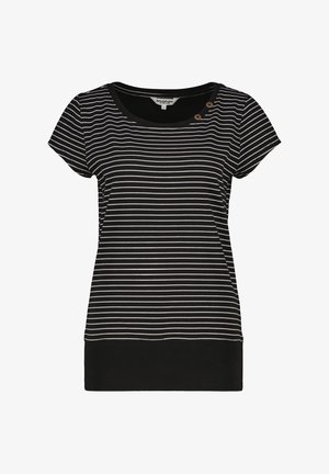 Schwarzes Damen-Shortsleeve-Top mit dünnen weißen horizontalen Streifen, rundem Halsausschnitt, zwei kleinen Knöpfen nahe am Kragen und einem einfarbigen schwarzen Saumband.