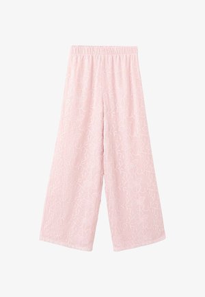 Pantaloni rosa a gamba larga con motivo floreale. Realizzati in tessuto leggero, con vita elastica e texture liscia.