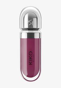 KIKO Milano liquid lipstick in a clear and silver capsule-shaped container, shade deep plum, with brand logo on the front.