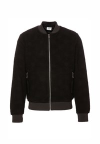 Schwarze Bomberjacke aus strukturiertem Stoff, mit geripptem Kragen und Bündchen, silbernem Reißverschluss und zwei seitlichen Reißverschlusstaschen.