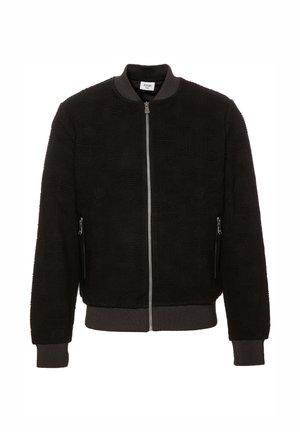 Schwarze Bomberjacke aus strukturiertem Stoff, mit geripptem Kragen und Bündchen, silbernem Reißverschluss und zwei seitlichen Reißverschlusstaschen.