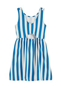 Niebiesko-biała w pasy bezrękawnikowa sukienka z wycięciem w talii, wykonana z miękkiego materiału, z rozkloszowaną spódnicą i okrągłym dekoltem.