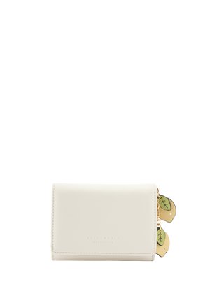 Compact cream-colored wallet with lemon-shaped zipper pulls and subtle embossed brand name on front.