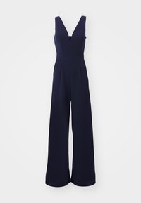 Navy jumpsuit with a deep V-neck, wide legs, and a fitted waist. Smooth, textured fabric with vertical seams and a back zipper closure.
