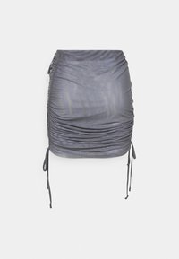 Mini-jupe grise froncée avec côtés à cordon de serrage. Fabriquée dans un tissu léger à la texture lisse, présentant un léger éclat et des détails froncés.