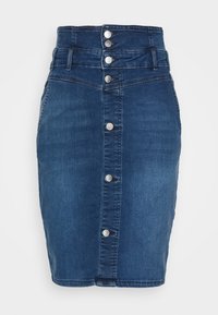 Denimkjol i mörkblått med hög midja, med en femknappslåsing fram och en åtsittande silhuett. Slät textur och inga mönster.