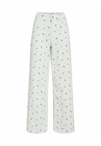 Pantalon large blanc orné de petits motifs floraux bleus, avec une fermeture à bouton et des poches avant. Idéal pour un style décontracté.