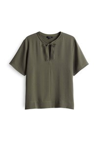 Top corto a maniche corte verde oliva con scollatura rotonda e dettaglio con fiocco davanti. Tessuto morbido e testurizzato con un taglio comodo.