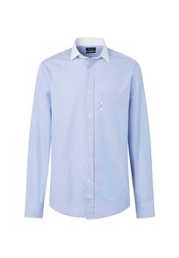 Lichtblauwe blouse met een witte kraag, lange mouwen, borstzak en een gladde structuur. Subtiel patroon door de stof.