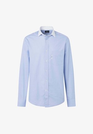 Camicia button-up azzurro chiaro con colletto bianco, maniche lunghe, taschino sul petto e texture liscia. Motivo sottile su tutta la stoffa.