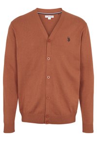 Brun maskad tröja med V-hals, långa ärmar, fem knappar, ribbade ärmslut och en liten broderad logotyp på bröstet.