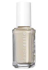 Essie Expressie schnelltrocknender Nagellack in einem Beigeton, verpackt in einer klaren Glasflasche mit einem weißen Deckel. Etiketten in Schwarz und Weiß.
