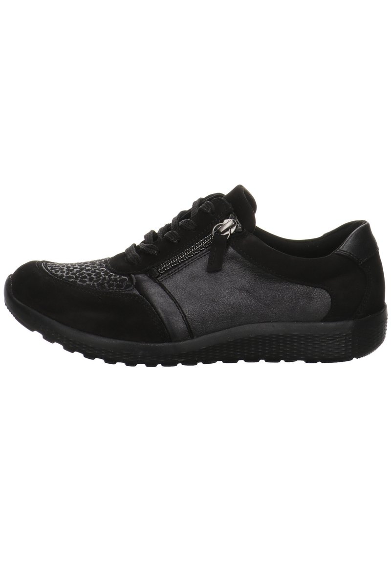 Black athletic shoes feature a mix of leather and suede, with a textured toe box and a side zipper for ease. Rubber sole for traction.