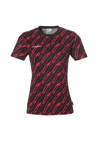 Rød og sort atletisk t-shirt med et geometrisk mønster, korte ærmer og rund halsudskæring. Lavet af åndbart stof.