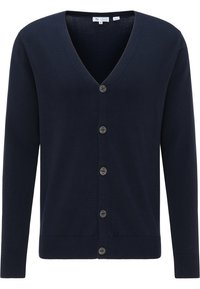 Marinblå v-ringad kofta i mjukt stickat tyg, med sex runda knappar framtill och ribbade muddarna och nederkant.