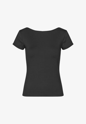 Svart kortärmad topp med en bred, rak halsringning. Tillverkad av slätt tyg med en figurnära passform, utan synliga mönster eller utsmyckningar.