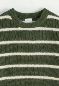 Pull vert foncé avec des rayures crémeuses horizontales, texture côtelée et col rond. Matériau doux avec une finition duveteuse.