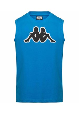 Maglietta senza maniche blu con logo nero e bianco di due figure sedute appoggiate schiena contro schiena al centro del petto.
