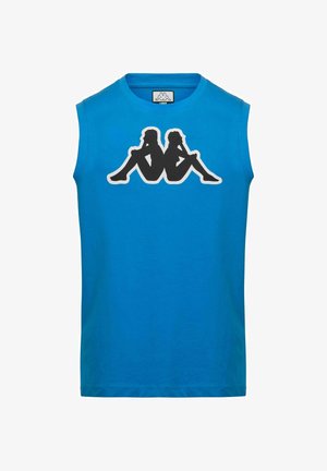 Maglietta senza maniche blu con logo nero e bianco di due figure sedute appoggiate schiena contro schiena al centro del petto.