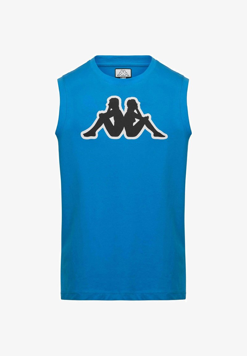 Chemise bleue sans manches avec un logo noir et blanc représentant deux figures assises, dos à dos, centré sur la poitrine.