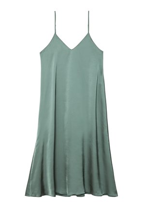 Sleeveless satin slip dress in muted sage green with thin spaghetti straps and a subtle V-neckline.